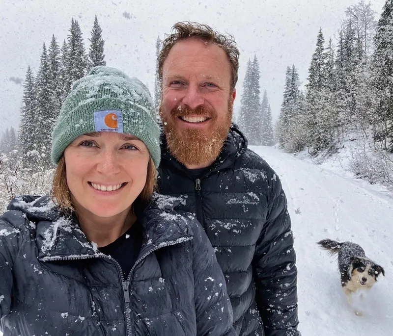 Corey and Jade Buck on a snowy trail near Steamboat Springs with their dog
